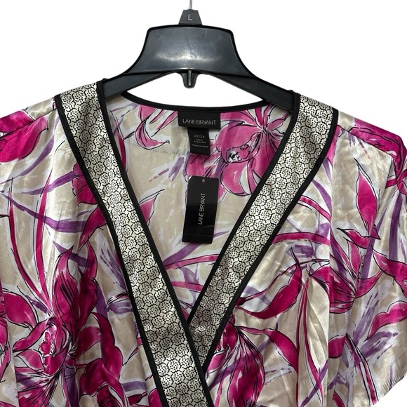 Lane Bryant Blouse Women 22/24 Pink Beige Black Floral Top Tie Back Short Sleeve - Picture 2 of 8